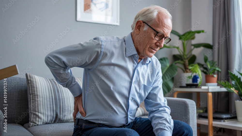Elderly man experiencing back pain while sitting on sofa in modern living room during daytime Elderly man experiencing back pain while sitting on sofa in modern living room during daytime