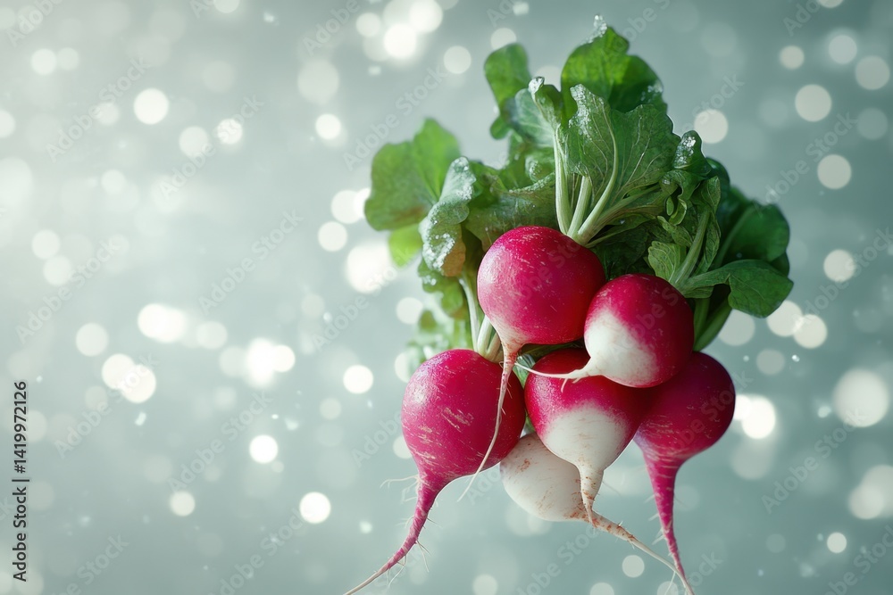 Freshly harvested radishes with green leaves on a soft background