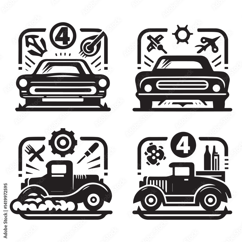 Set of Stylized Car Silhouettes with Creative Urban and Futuristic Elements – Black and White Vector Illustration Set of Stylized Car Silhouettes with Creative Urban and Futuristic Elements – Black and White Vector Illustration