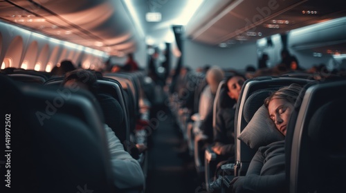 A plane is filled with people sleeping