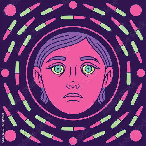 Pop art portrait, worried expression, pink skin, blue hair, circular composition, pill capsules border, vibrant colors, psychedelic style, drug addiction concept, symmetrical design, flat illustration