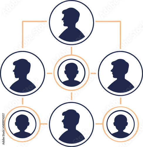 Organizational chart, silhouette profiles, blue and white color scheme, geometric circles, hierarchical structure, minimalist design, corporate leadership, team structure, family tree style, clean lin
