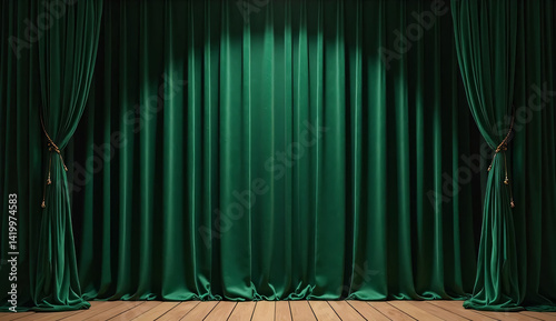 Green stage curtains. Velour. Luxury.