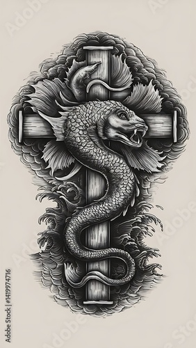 Ornate Dragon Cross Pendant with Chains