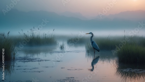 Heron standing in foggy marsh water at sunrise nature scene