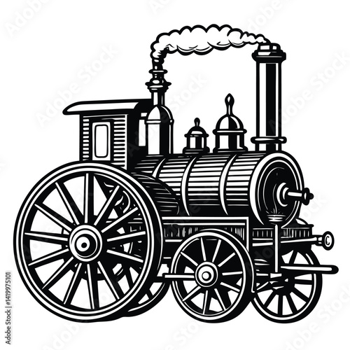 A vintage black steam locomotive vector illustration, an old railway engine for retro transport isolated on white background