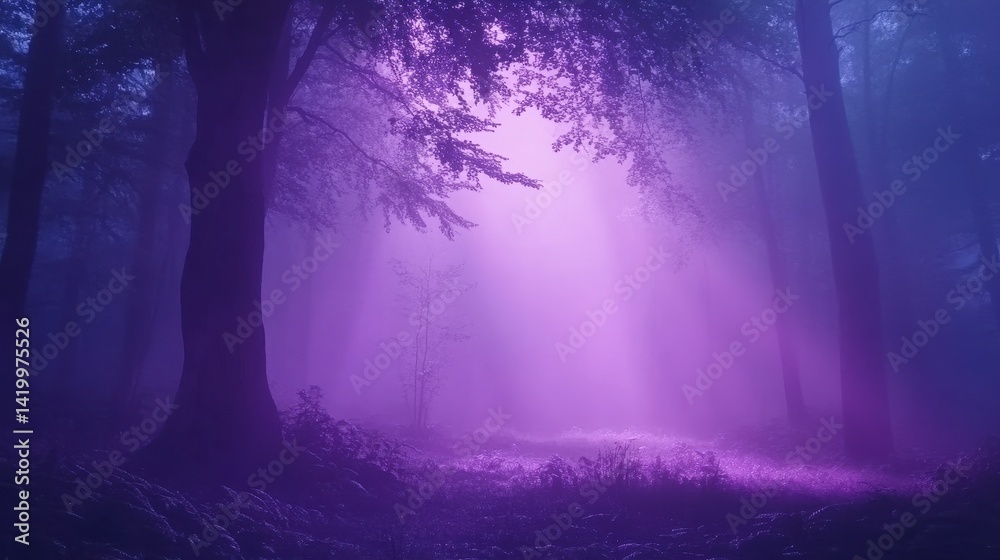 Obraz premium Mystical purple forest path shrouded in mist.