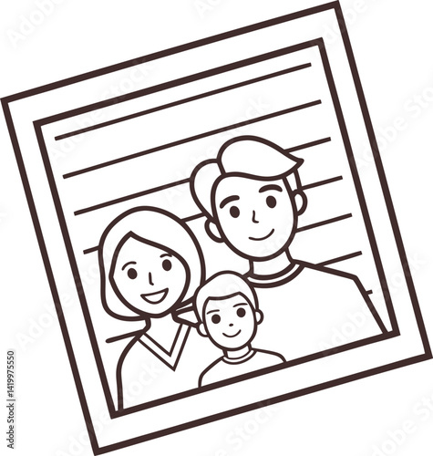 A simple black and white line drawing of a family portrait within a framed photograph.