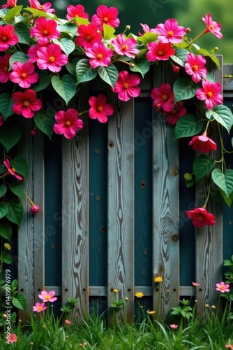 Vibrant blooms cascade over weathered wood fence , blossom, stem, organic