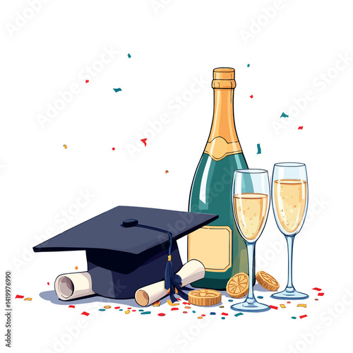 Vsai graduation ceremony celebration with sparkling wine and mortarboard