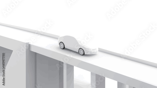This image shows a high angle close-up of a minimalist white model car parked on a plain white elevated road resembling a bridge or overpass. The car is rendered in a minimalist style.