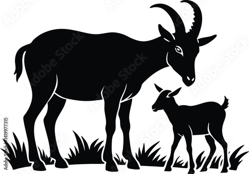 black and white goat, goat eating grass with baby, goat silhouette vector illustration, goat symbol icon.
