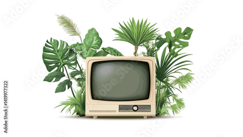 A digital illustration shows a vintage cream-colored television set, placed in the center of a pure white background. The television screen has a soft green hue reminiscent of