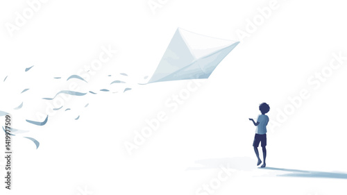 Rendered in soft blue-grey tones, the piece depicts a stylized illustration of a child holding a kite in the shape of a flock of birds, the kite and paper birds scattered behind it.