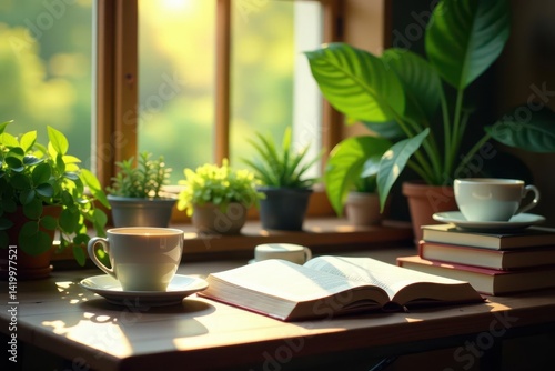 Sunlight streams onto a table laden with coffee, books, and lush greenery , comfort, vibrant