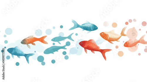 This digital artwork features a school of stylized fish in a watercolor painting technique. The fish are presented in rich colors, mainly orange, red, and blue, creating a vibrant atmosphere.
