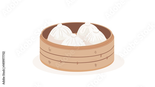 A digital illustration depicts three plump white steamed buns nestled in a round light brown bamboo steamer. The buns appear soft and rounded with subtle textures that suggest...