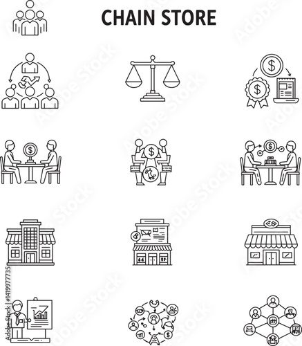 Chain Store line editable icon set. Containing Consumers, Brand, Regulation, Dining Markets, Competition, Franchise, Strategy, Distribution. icon silhouette vector style