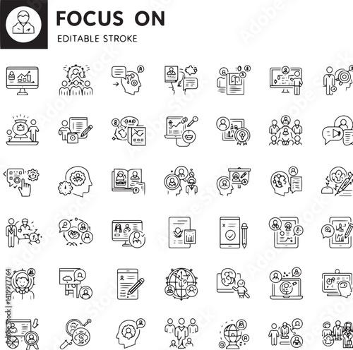 Focus line editable icon set. Contains icons related to focus, concentration, and more. Editable stroke. Vector illustration