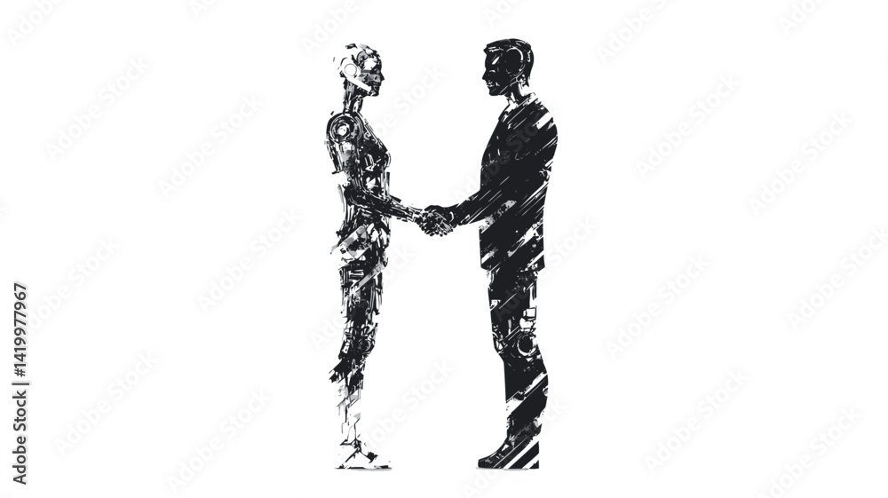 Fototapeta premium The image shows two stylized figures, one male and one female, rendered in monochrome against a plain white background. The figures are rendered in a fragmented, abstract style.