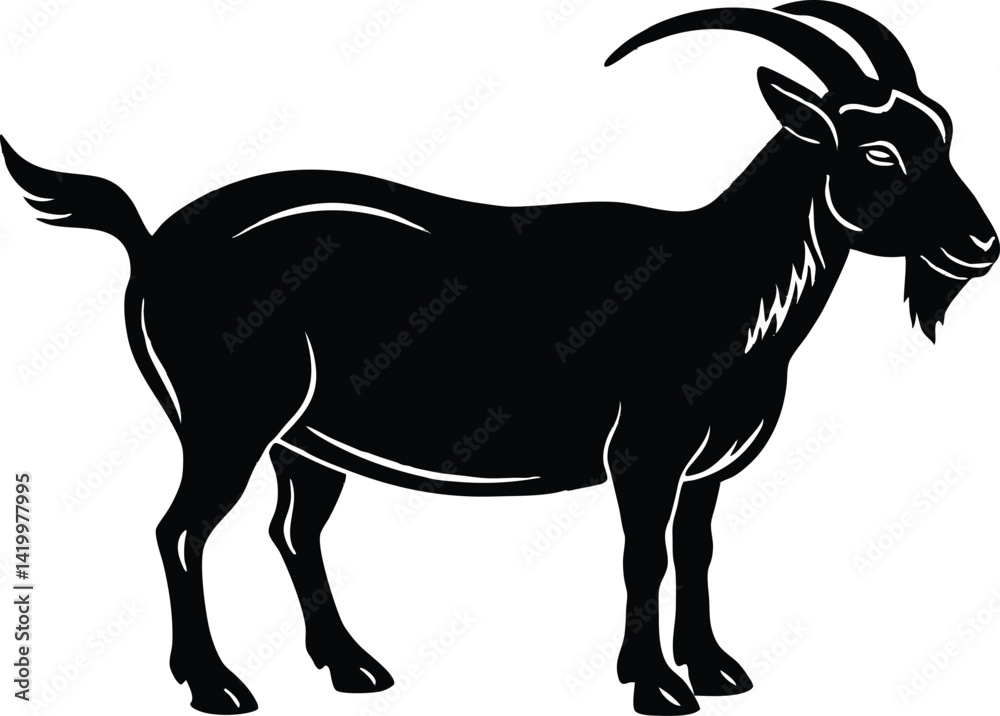 Fototapeta premium black and white goat, goat eating grass with baby, goat silhouette vector illustration, goat symbol icon.