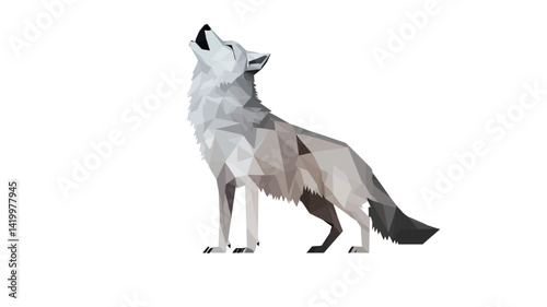 This digital illustration depicts a gray wolf in a low polygonal style. The image utilizes a combination of gray and white triangles to create a textured, three-dimensional effect.