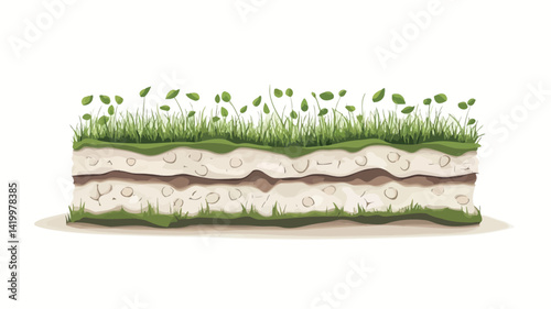 A digitally rendered illustration shows a detailed cross section of soil layers. The image depicts the different strata, clearly showing the different components of the soil profile. Top.