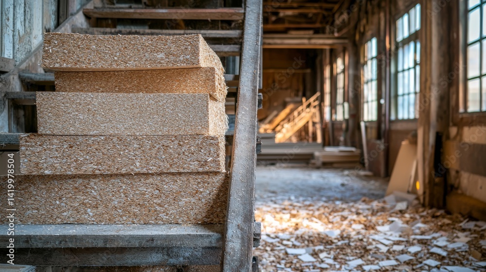 Obraz premium Wood Pulp Blocks Stacked Neatly in an Abandoned Industrial Workspace Bathed in Natural Light