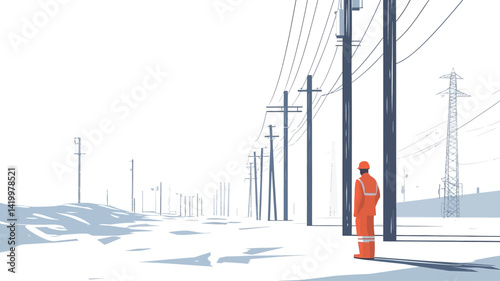 The work presents a minimalist composition dominated by a flat snowy landscape set against a bright, perhaps cloudy sky. A series of thin wires spans much of it.