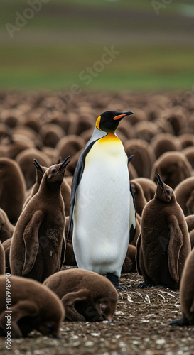 Penguin Standing Among Many Fuzzier Younger Penguins in Nature