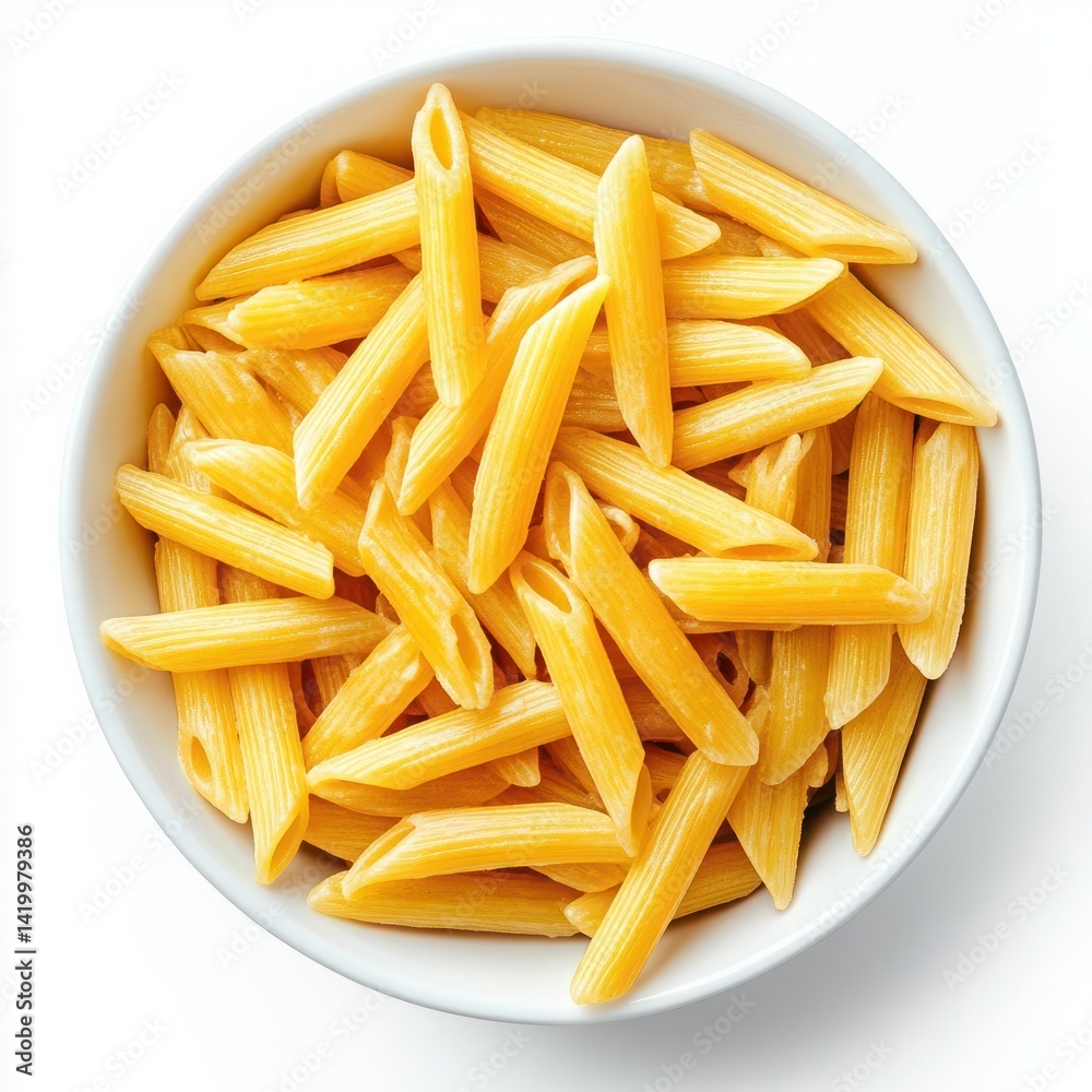 Close-up View of Freshly Cooked Penne Pasta in White Bowl with Light Reflection and Natural Color Close-up View of Freshly Cooked Penne Pasta in White Bowl with Light Reflection and Natural Color
