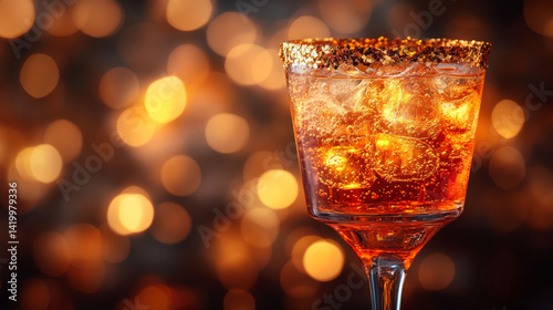 A tall-stemmed cocktail glass holds a drink decorated with foil--captured in close-up detail