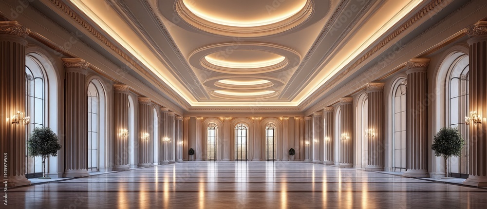 Naklejka premium Empty grand hall with arched windows columns and decorative ceiling lighting.