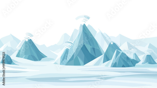 This digital illustration depicts a stylized snowy mountain against a white background. The mountain is rendered in light and dark blue tones, suggesting ice and snow.