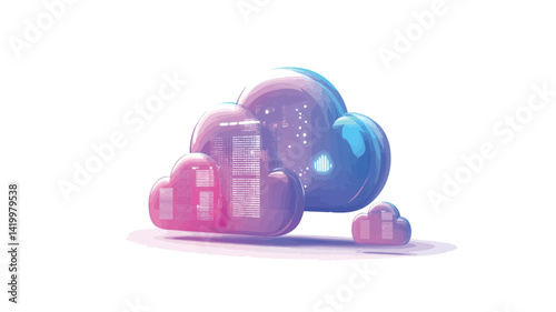 This 3D rendering depicts a stylized cloud computing concept. Several volumetric semi-transparent objects resembling data packets or servers are arranged in and around a larger stylized cloud.