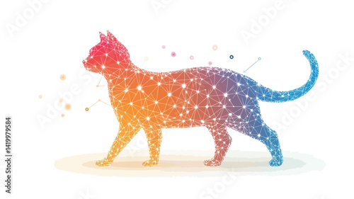 This digital illustration depicts the stylized silhouette of a cat, rendered in a vibrant red to blue gradient. The cat's form is created by layering multiple colors.