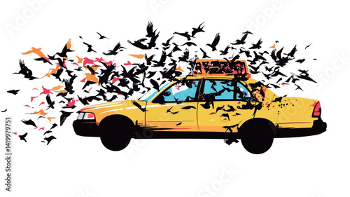 A digital illustration depicts a yellow New York taxi surrounded by a flock of stylized bats. The bats are rendered in black and with varying degrees of opacity to create a