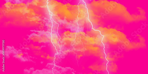 Lightning strikes the sky. Electric discharges of lightning on a purple background. 