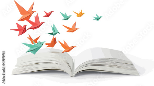 high angle close-up of an open book against a pure white background. The book depicts multiple origami birds in different shades of orange, red, cyan and yellow, flying dynamically, seemingly