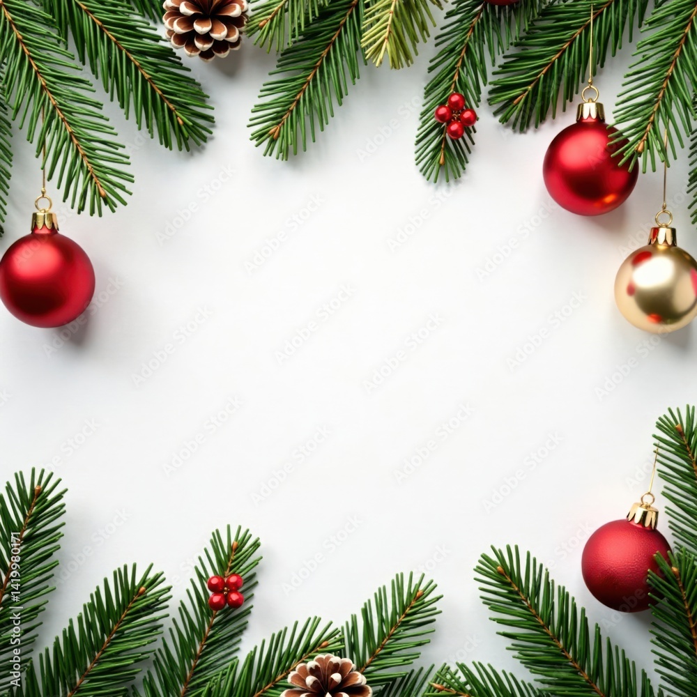 Christmas tree branches with ornaments hanging below, surrounded by snowflakes and pinecones, festive decor, pinecones Christmas tree branches with ornaments hanging below, surrounded by snowflakes and pinecones, festive decor, pinecones