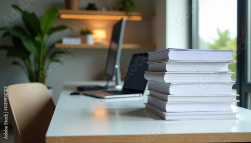 High stack of organized papers on sleek modern desk, administration, clean