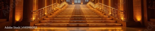 Golden staircase, sparkling lights, elegant night venue, refined, lavish