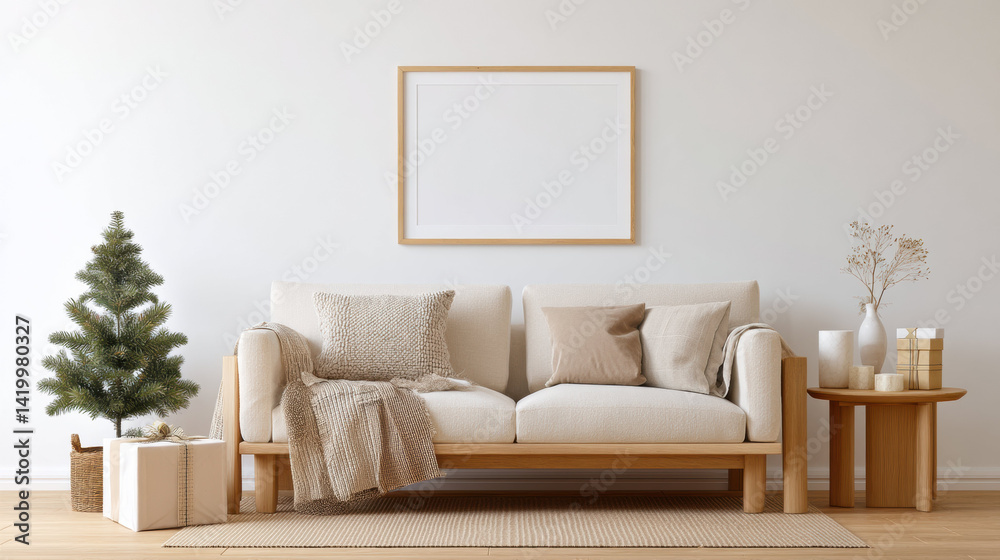 Naklejka premium Frame mockup for photo in cozy living room with neutral decor, soft cushions, wooden sofa, small pine tree, and wrapped gifts creating warm inviting atmosphere