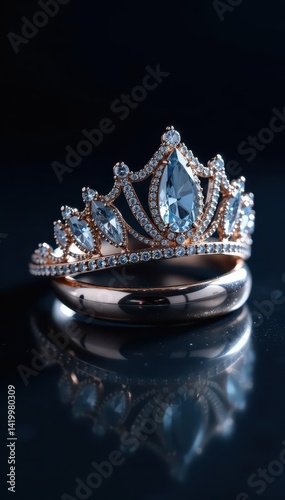 Glimmering tiara and ring, dramatic dark setting, striking contrast, jewelry, diamonds, velvet