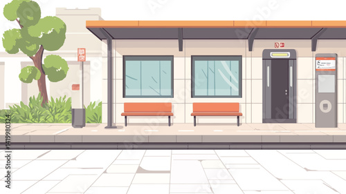 This digital illustration shows a modern bus stop in a simple, flat style. The color scheme is muted, with mainly off-white, light grey, and pale green.