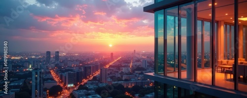 Glass tower, urban skyline, warm interior glow, lights, facade