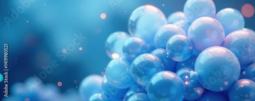 Ethereal soap bubble clusters, soft focus blue backdrop , delicate, foam texture, liquid