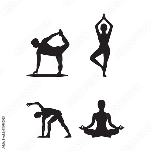 Flat yoga silhouette poses collection for International Day of Yoga. vector