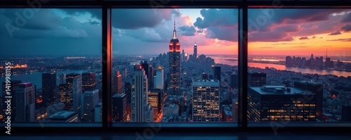 Dark city skyline seen from a highrise's glass wall, power, lights, success