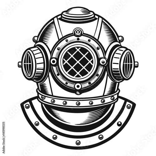 Retro diver's helmet, vintage engraving-style vector icon, black and simple, Vintage diver helmet,, Sea diving concept